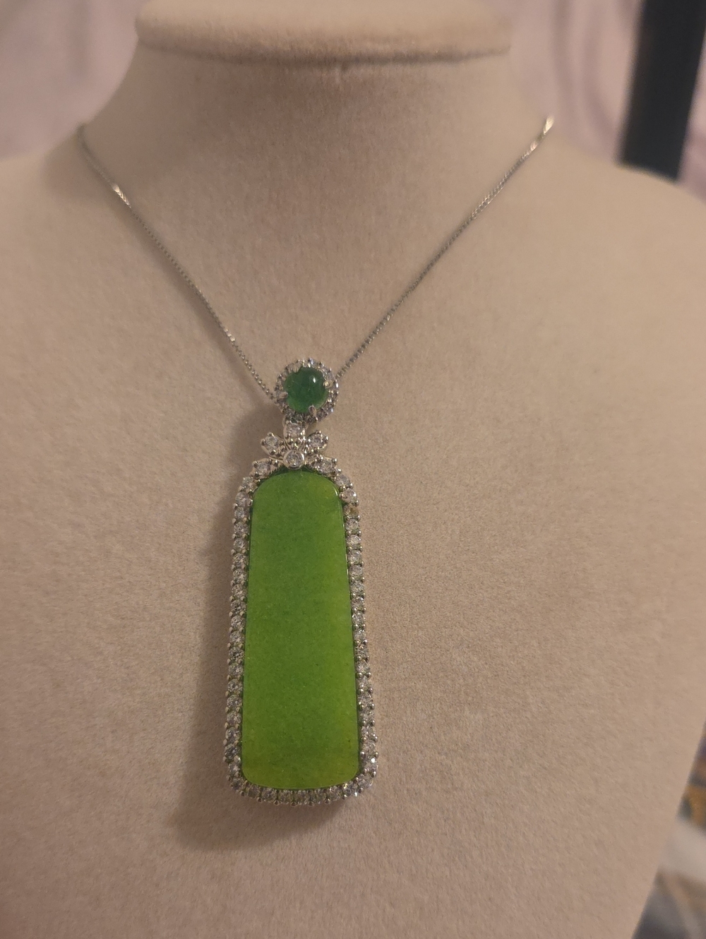 Green Jade Drop Pendant Necklace - Sterling Silver